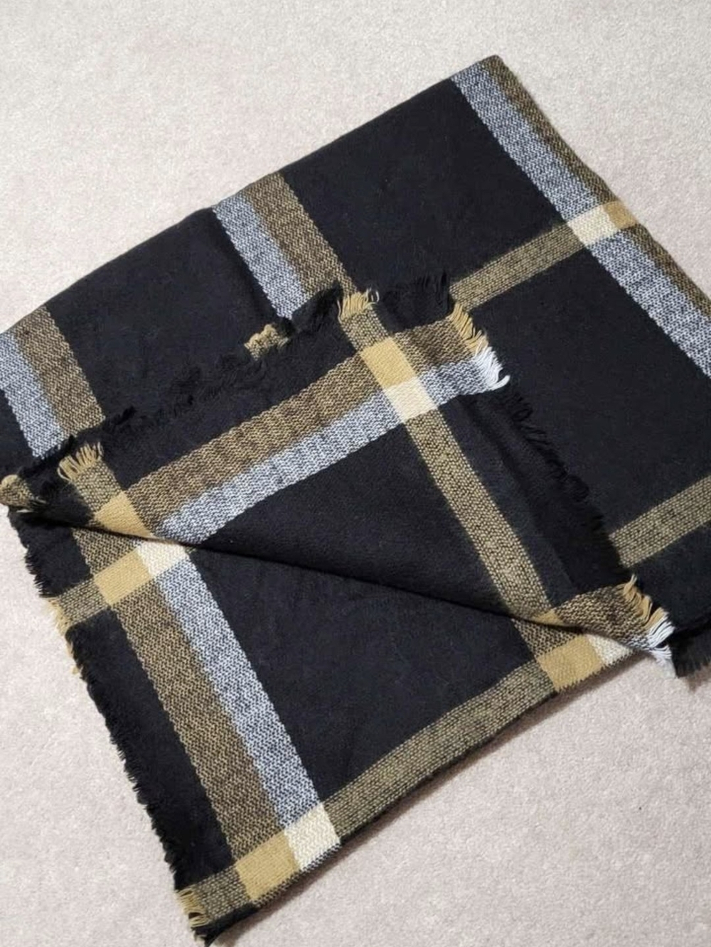 Black Plaid Scarf with Tan and Gray Accents